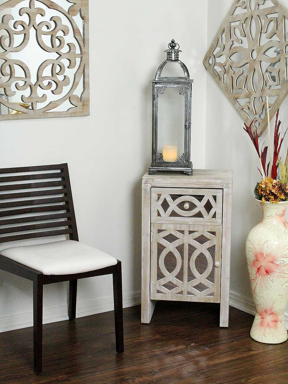 18" X 13" X 30.5" White Washed MDF Wood Mirrored Glass Accent Cabinet with Mirrored Glass Door and Drawer