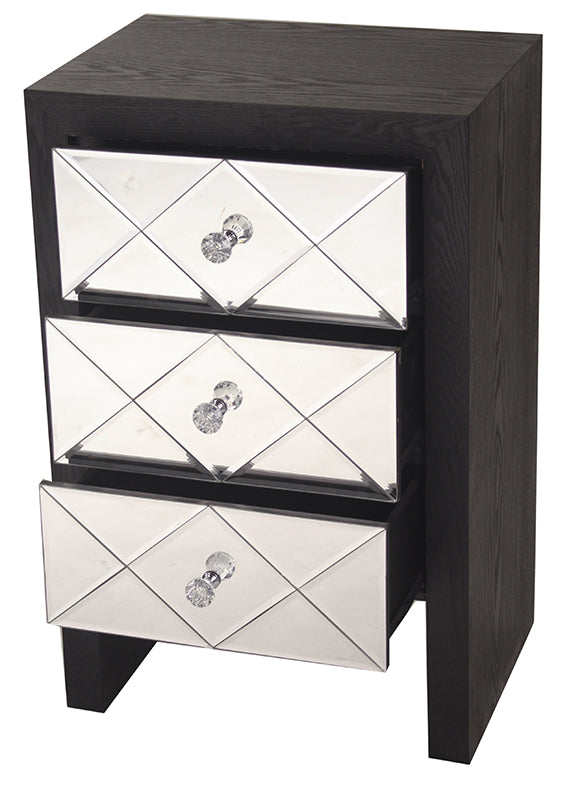 17.7" X 13" X 28" Black MDF Wood Mirrored Glass Accent Cabinet with Mirrored Glass Drawers