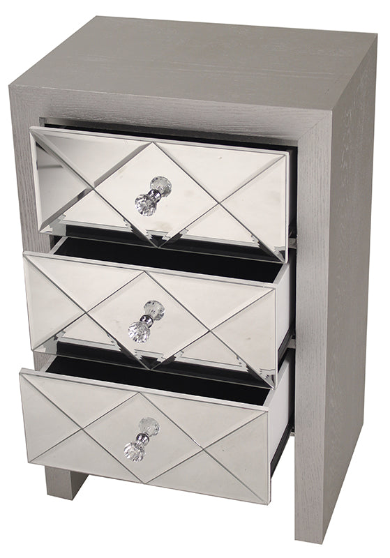 17.7" X 13" X 28" Silver MDF Wood Mirrored Glass Accent Cabinet with Mirrored Glass Drawers