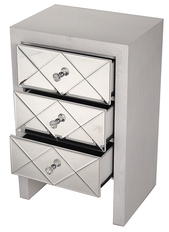 17.7" X 13" X 28" Antique White MDF Wood Mirrored Glass Accent Cabinet with Mirrored Glass Drawers