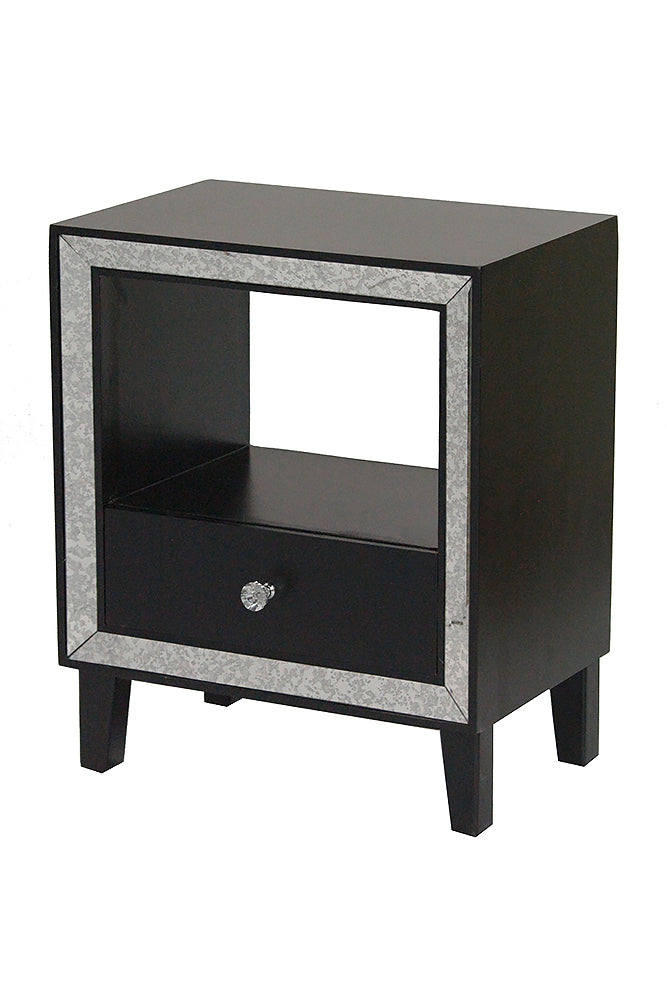 19.7" X 13" X 23.5" Black MDF Wood Mirrored Glass Accent Cabinet with a Drawer and n Open Shelf and an Mirrored Frame