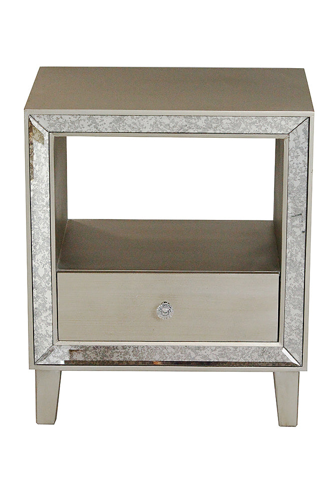 19.7" X 13" X 23.5" Champagne MDF Wood Mirrored Glass Accent Cabinet with a Drawer and n Open Shelf and an Frame