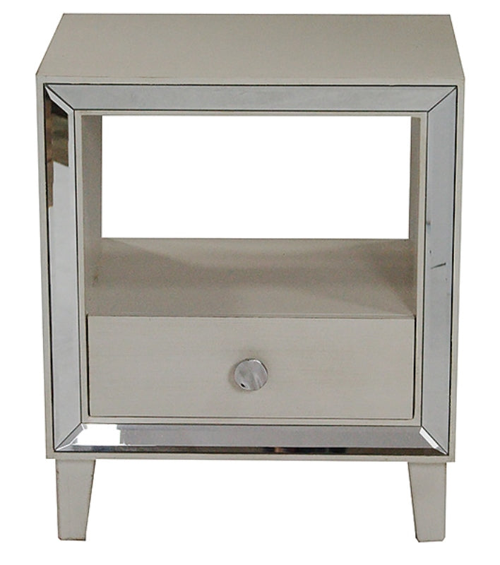 19.7" X 13" X 23.5" Antique White MDF Wood Mirrored Glass Accent Cabinet with a Drawer and n Open Shelf and an Mirrored Frame