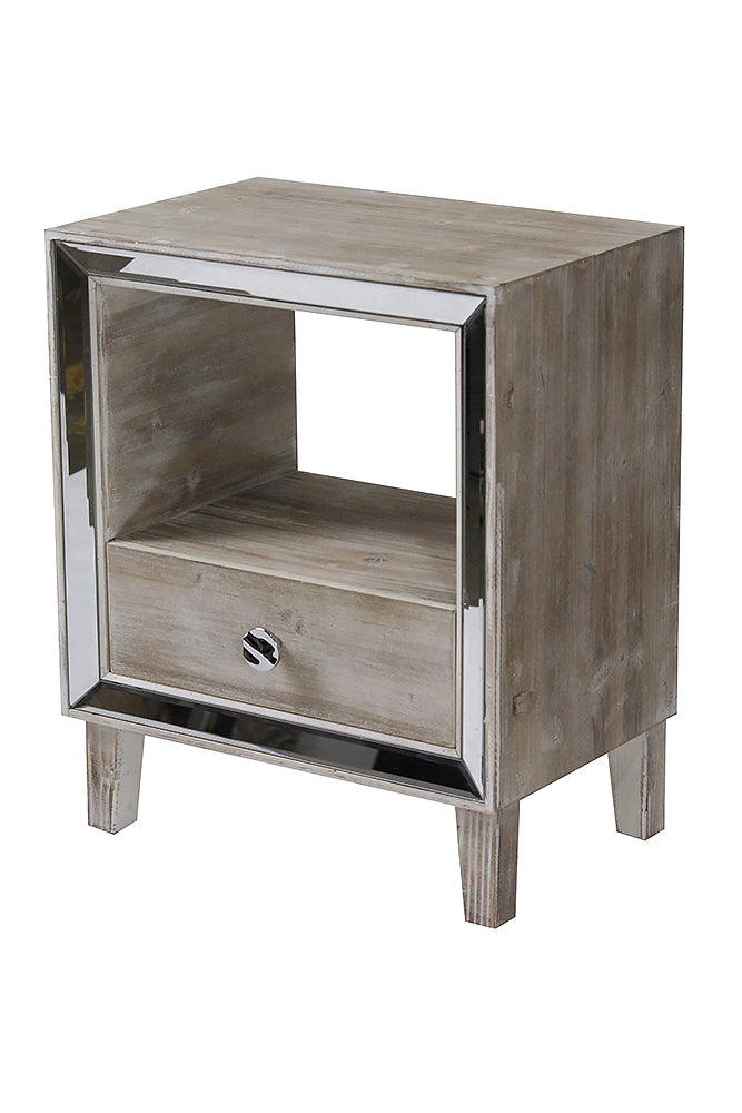 19.7" X 13" X 23.5" White Washed MDF Wood Mirrored Glass Accent Cabinet with a Drawer and n Open Shelf and an Mirrored Frame
