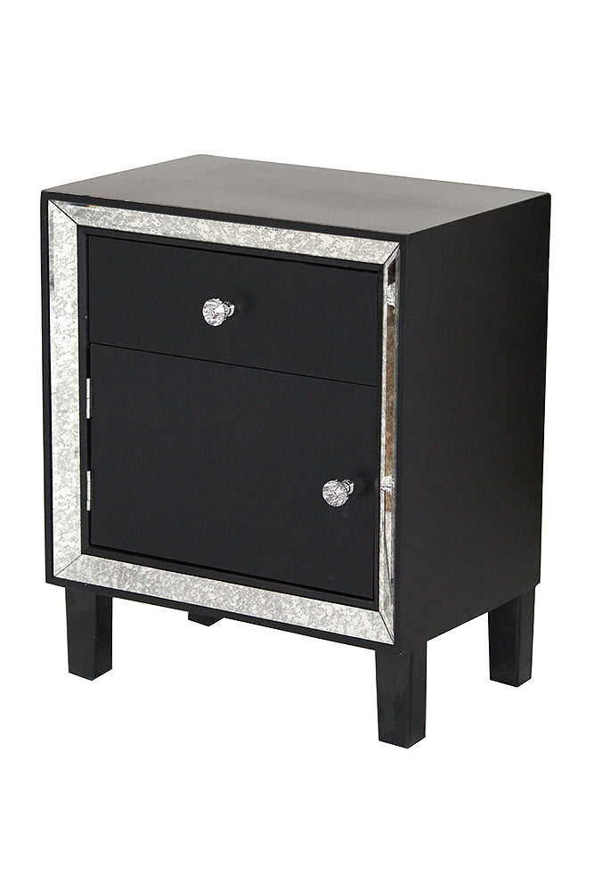 19.7" X 13" X 23.5" Black MDF Wood Mirrored Glass Accent Cabinet with a Door and Drawer and Mirrored Glass