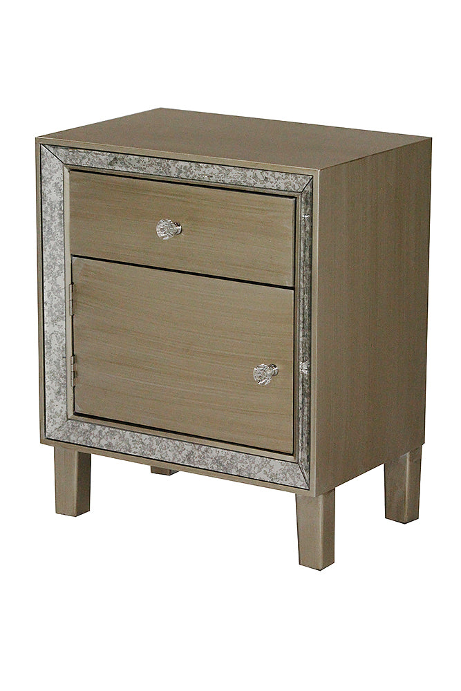 19.7" X 13" X 23.5" Champagne MDF Wood Mirrored Glass Accent Cabinet with a Door and Drawer and Mirrored Glass