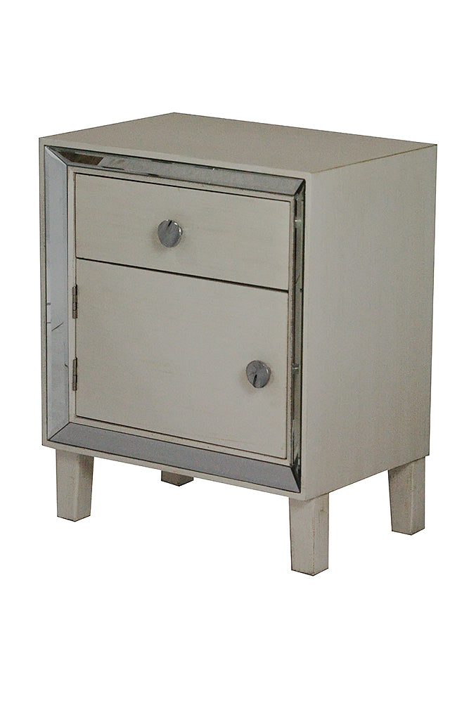 19.7" X 13" X 23.5" Antique White MDF Wood Mirrored Glass Accent Cabinet with a Door and Drawer and Mirrored Glass