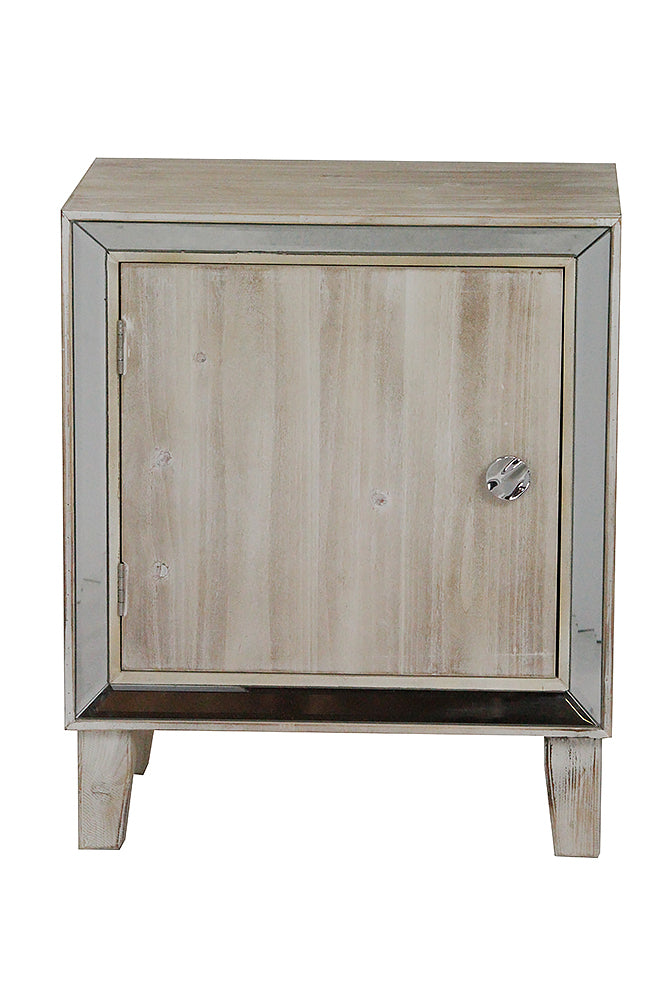 19.7" X 13" X 23.5" White Washed MDF Wood Mirrored Glass Accent Cabinet with a Door and Mirrored Glass