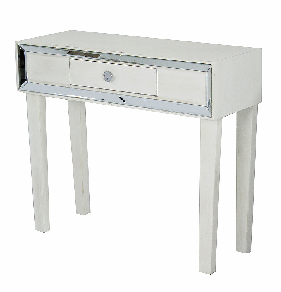 35.5" X 13" X 31" Antique White MDF Wood Mirrored Glass Console Table with a Drawer and Framed with Mirror Accents