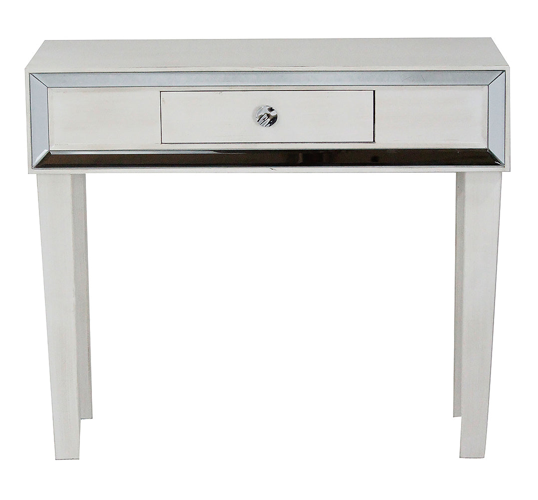 35.5" X 13" X 31" Antique White MDF Wood Mirrored Glass Console Table with a Drawer and Framed with Mirror Accents