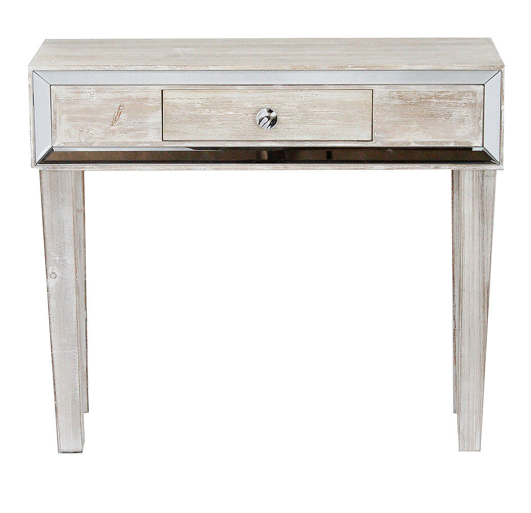 35.5" X 13" X 31" White Washed MDF Wood Mirrored Glass Console Table with a Drawer and Framed with Mirror Accents