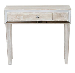 35.5" X 13" X 31" White Washed MDF Wood Mirrored Glass Console Table with a Drawer and Framed with Mirror Accents