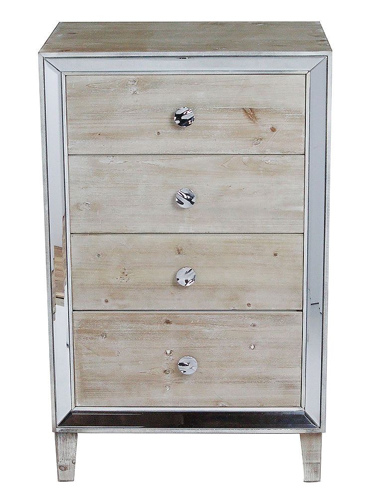 White Washed MDF Wood Mirrored Glass Accent Cabinet with  Drawers and  Mirrored Glass