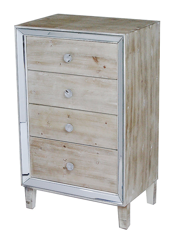 White Washed MDF Wood Mirrored Glass Accent Cabinet with  Drawers and  Mirrored Glass