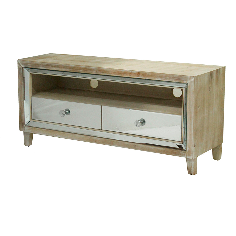 White Washed MDF Wood Mirrored Glass TV Stand with  Mirrored Glass Drawers