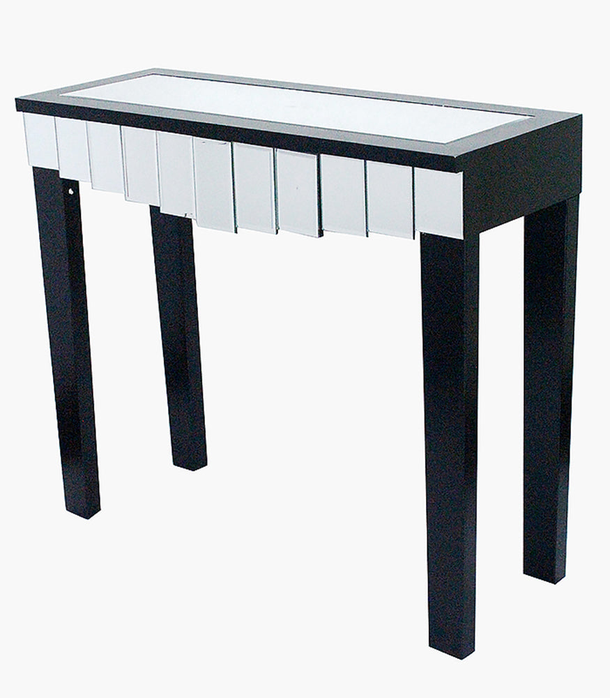 35.5" X 13" X 31" Black MDF Wood Mirrored Glass Console Table with Mirrored Glass Inserts and a Drawer