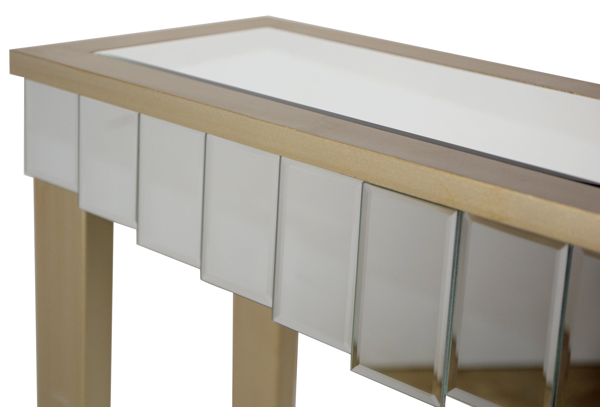 35.5" X 13" X 31" Champagne MDF Wood Mirrored Glass Console Table with Mirrored Glass Inserts and a Drawer