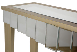 35.5" X 13" X 31" Champagne MDF Wood Mirrored Glass Console Table with Mirrored Glass Inserts and a Drawer