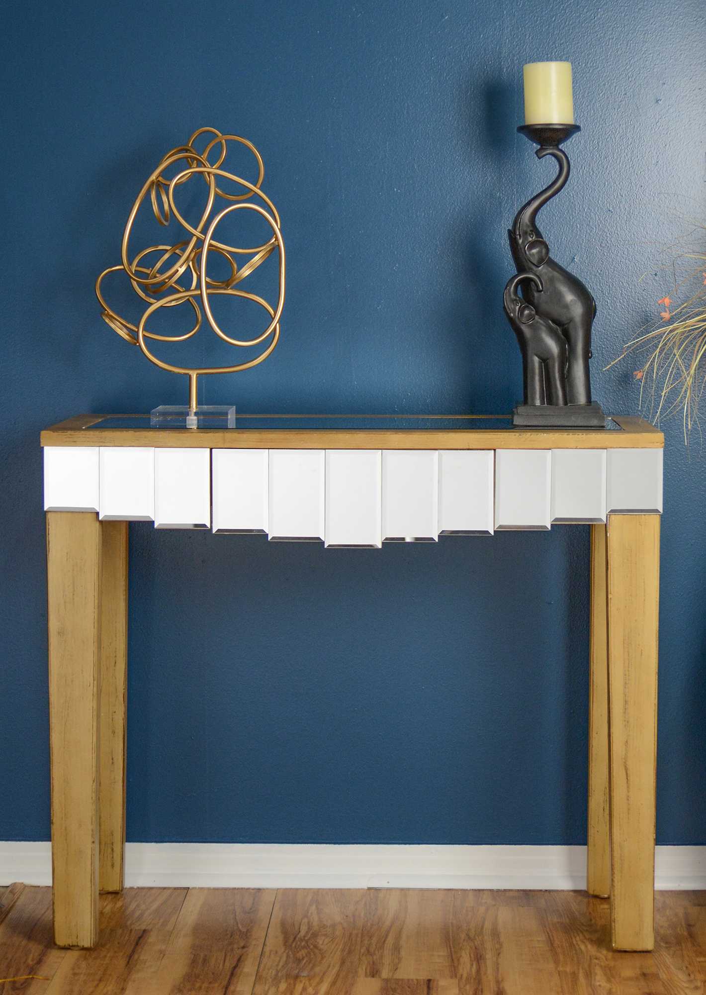 35.5" X 13" X 31" Distressed Brown MDF Wood Mirrored Glass Console Table with Mirrored Glass Inserts and a Drawer