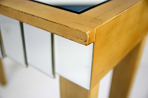 35.5" X 13" X 31" Distressed Brown MDF Wood Mirrored Glass Console Table with Mirrored Glass Inserts and a Drawer