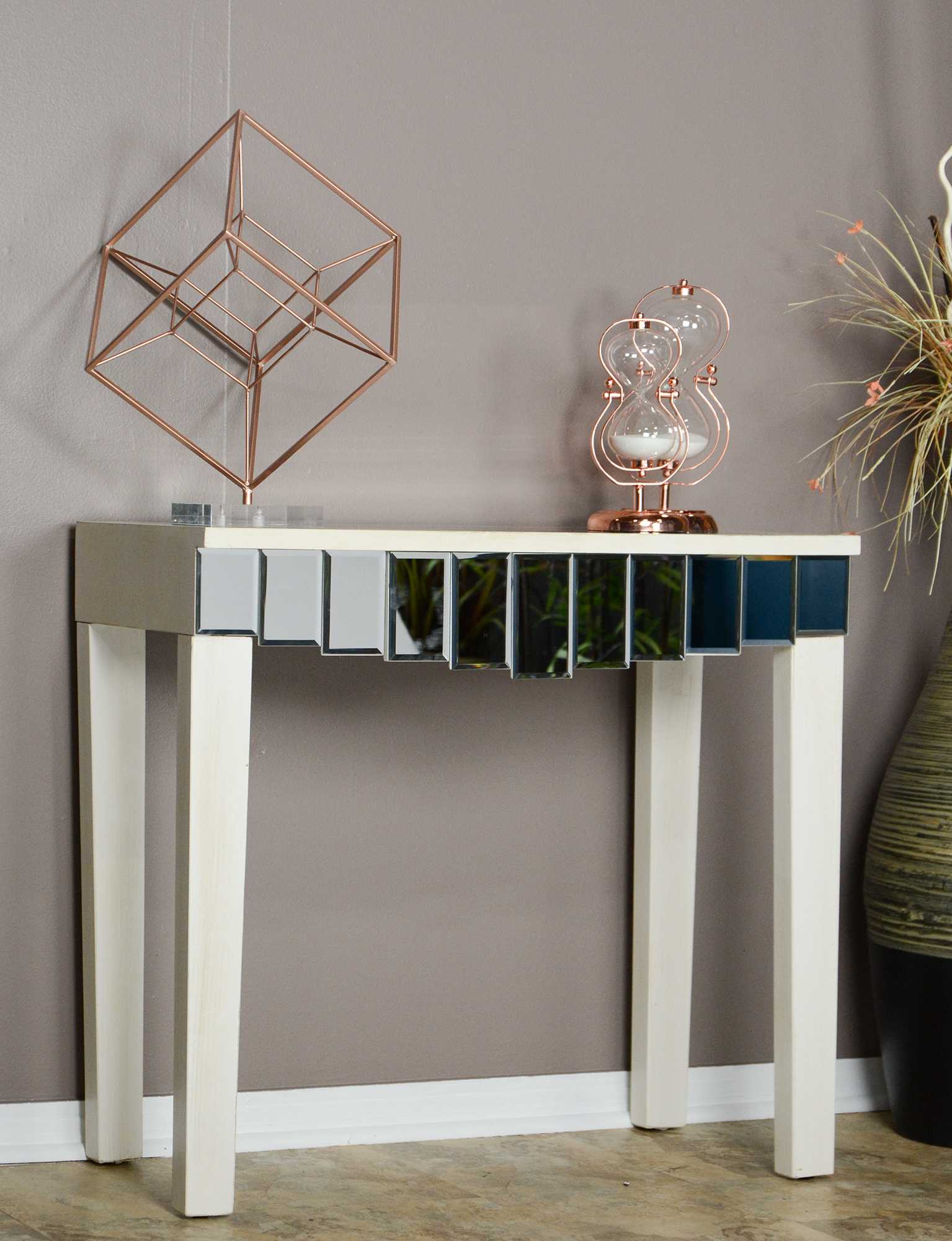 35.5" X 13" X 31" Antique White MDF Wood Mirrored Glass Console Table with Mirrored Glass Inserts and a Drawer
