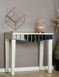 35.5" X 13" X 31" Antique White MDF Wood Mirrored Glass Console Table with Mirrored Glass Inserts and a Drawer