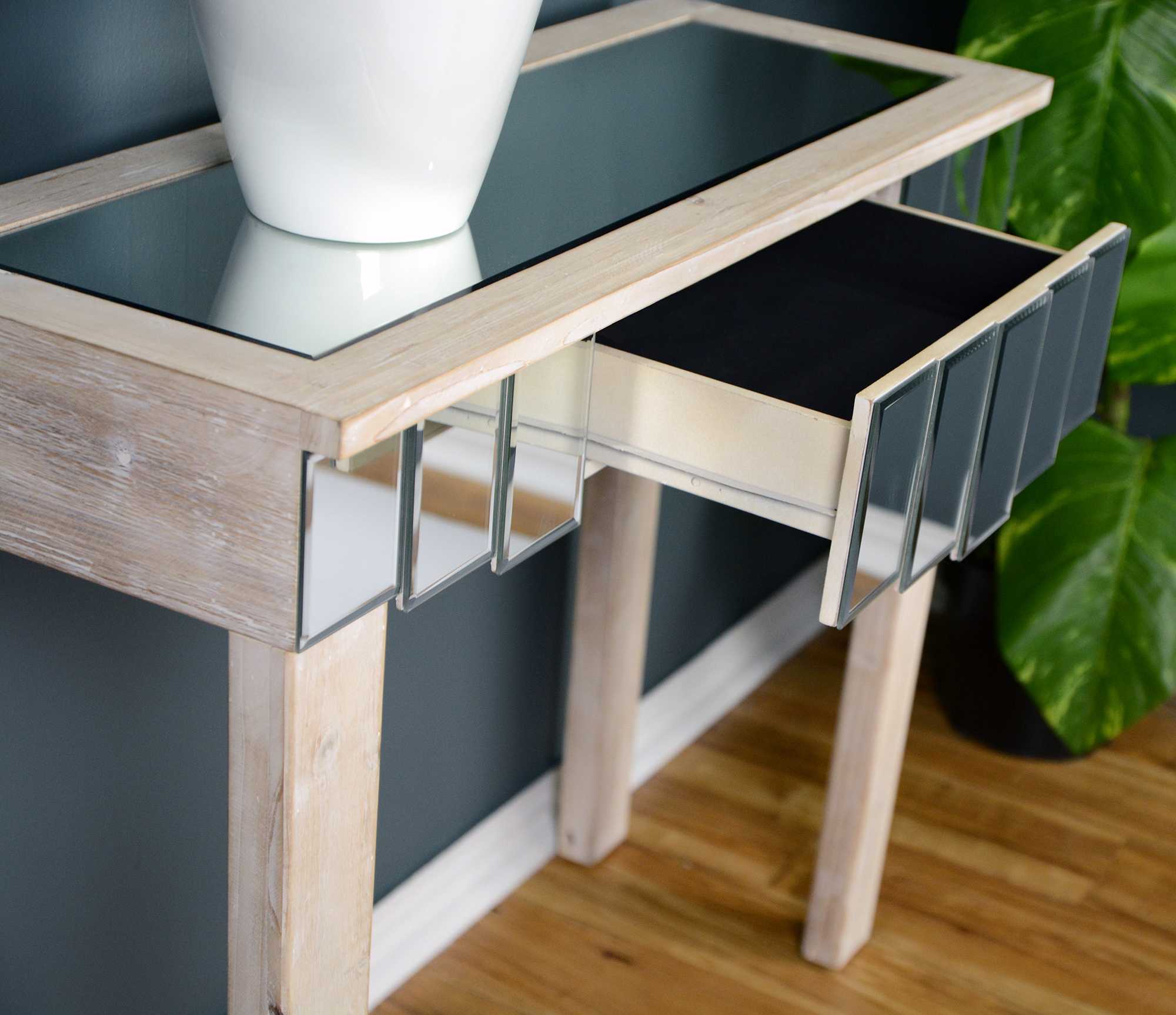 35.5" X 13" X 31" White Washed MDF Wood Mirrored Glass Console Table with Mirrored Glass Inserts and a Drawer