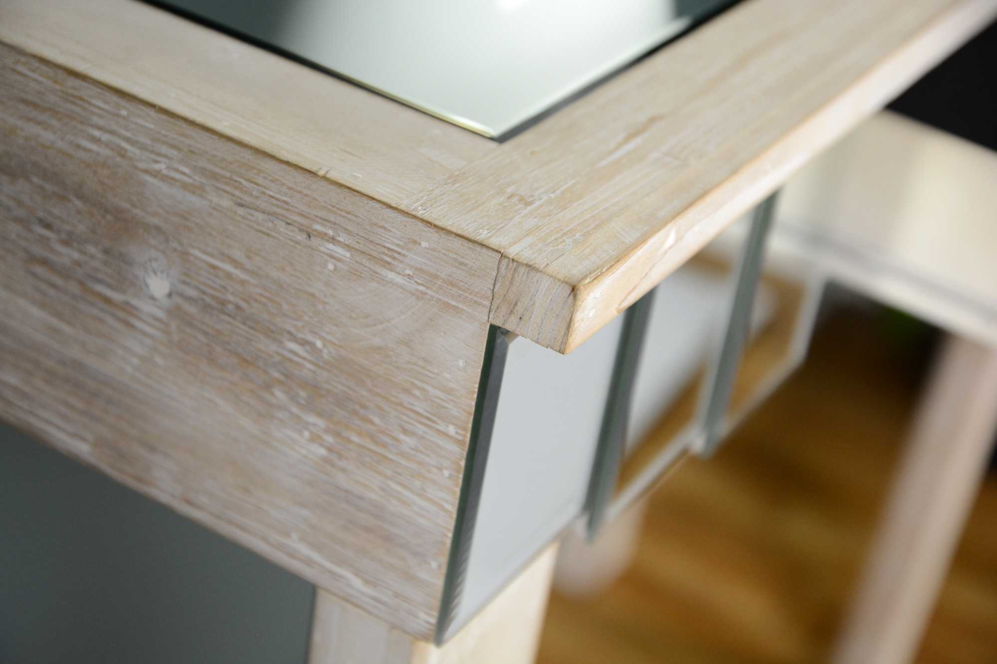 35.5" X 13" X 31" White Washed MDF Wood Mirrored Glass Console Table with Mirrored Glass Inserts and a Drawer