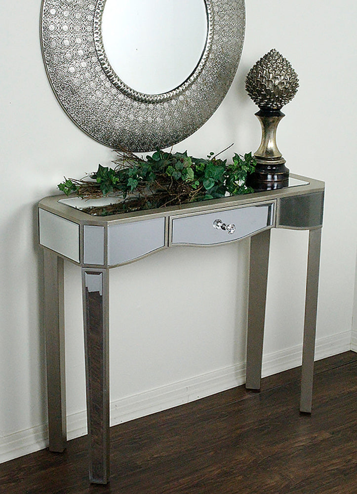 35.5" X 13" X 31" Champagne MDF Wood Mirrored Glass Console Table with a Mirrored Glass Top and a Drawer