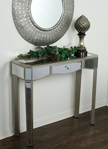 35.5" X 13" X 31" Champagne MDF Wood Mirrored Glass Console Table with a Mirrored Glass Top and a Drawer