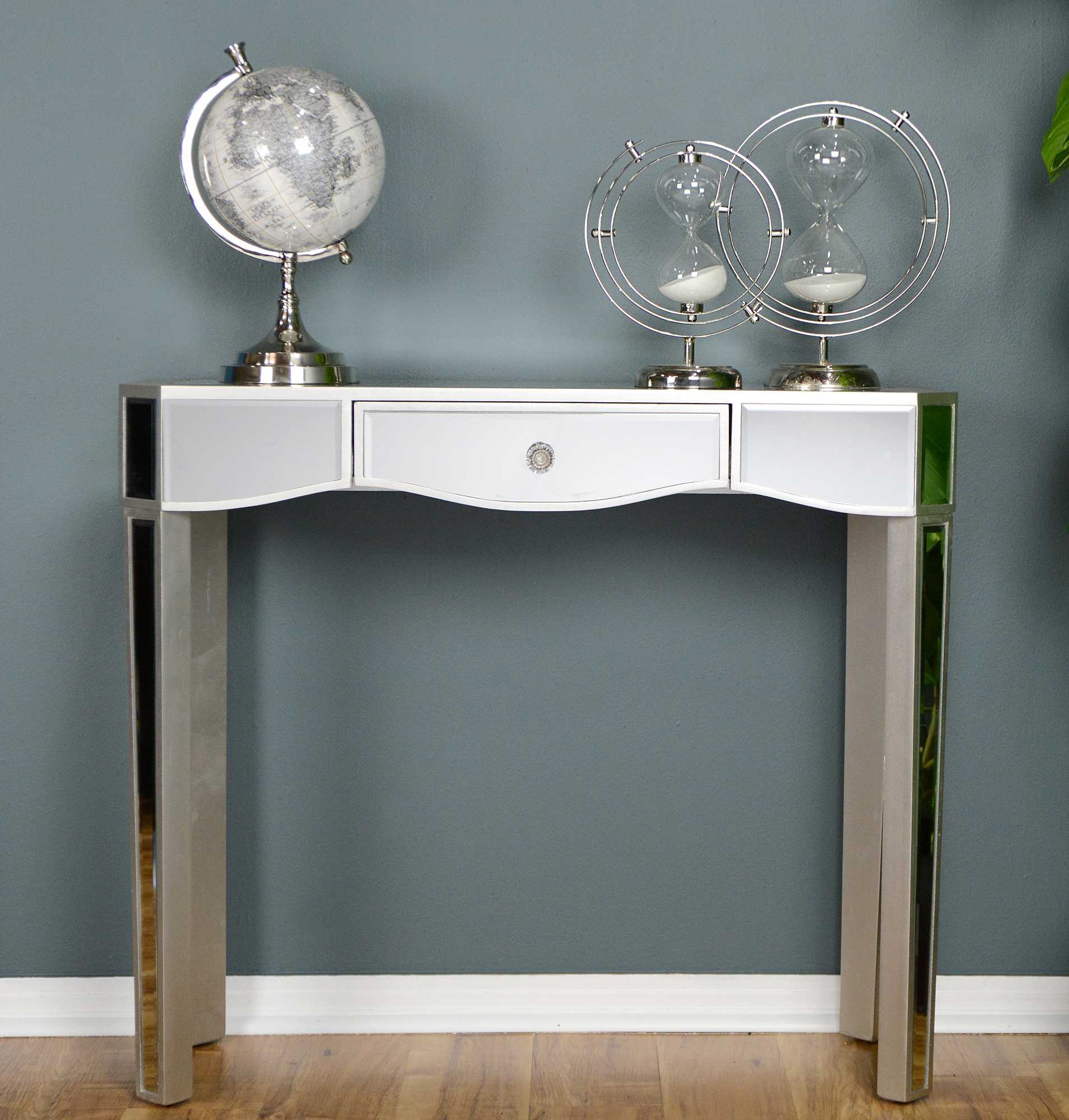 35.5" X 13" X 31" Silver MDF Wood Mirrored Glass Console Table with a Mirrored Glass Top and a Drawer