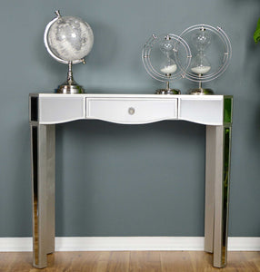 35.5" X 13" X 31" Silver MDF Wood Mirrored Glass Console Table with a Mirrored Glass Top and a Drawer