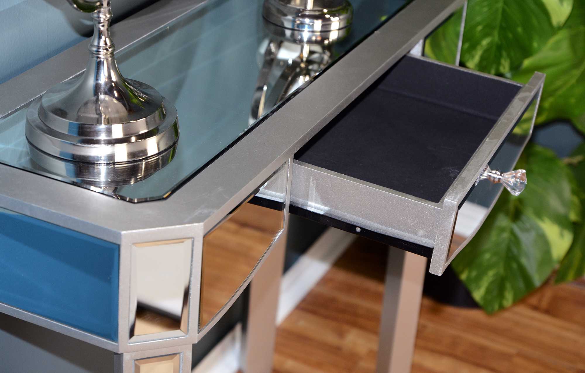 35.5" X 13" X 31" Silver MDF Wood Mirrored Glass Console Table with a Mirrored Glass Top and a Drawer