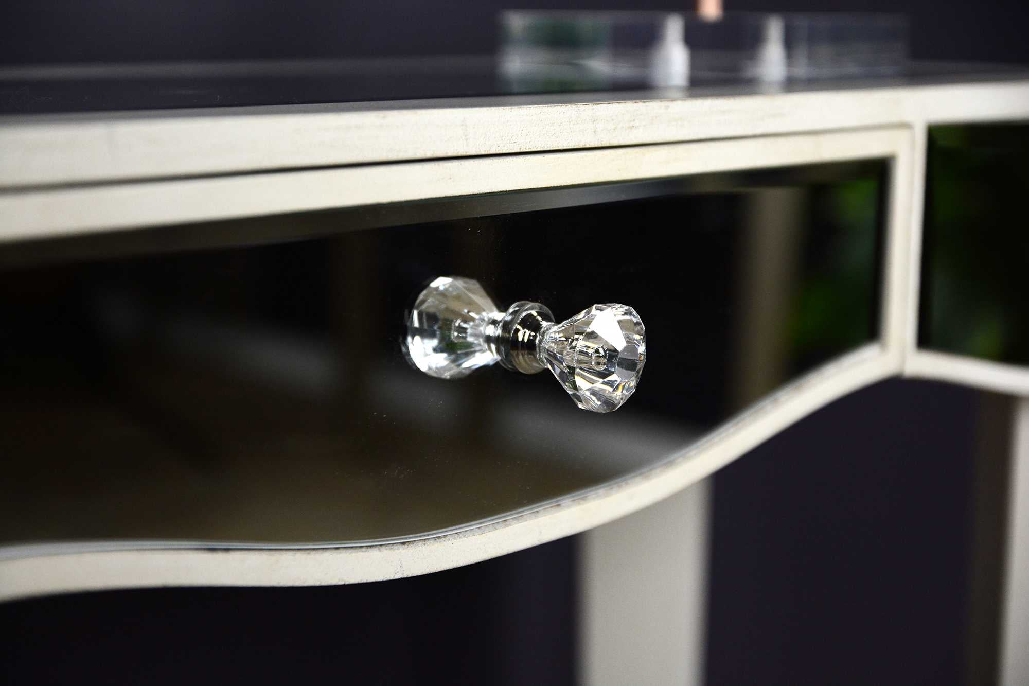 35.5" X 13" X 31" Antique White MDF Wood Mirrored Glass Console Table with a Mirrored Glass Top and a Drawer