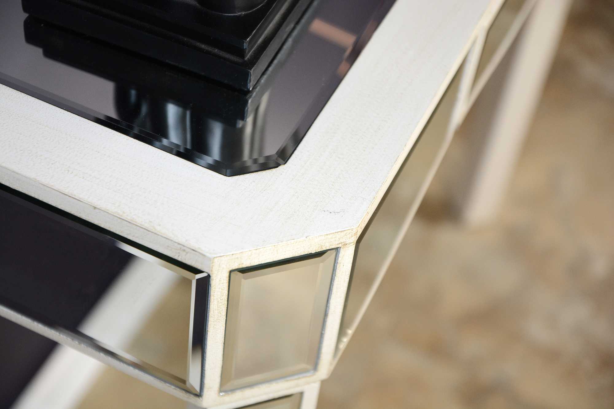 35.5" X 13" X 31" Antique White MDF Wood Mirrored Glass Console Table with a Mirrored Glass Top and a Drawer