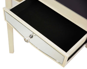 35.5" X 13" X 31" Antique White MDF Wood Mirrored Glass Console Table with a Mirrored Glass Top and a Drawer