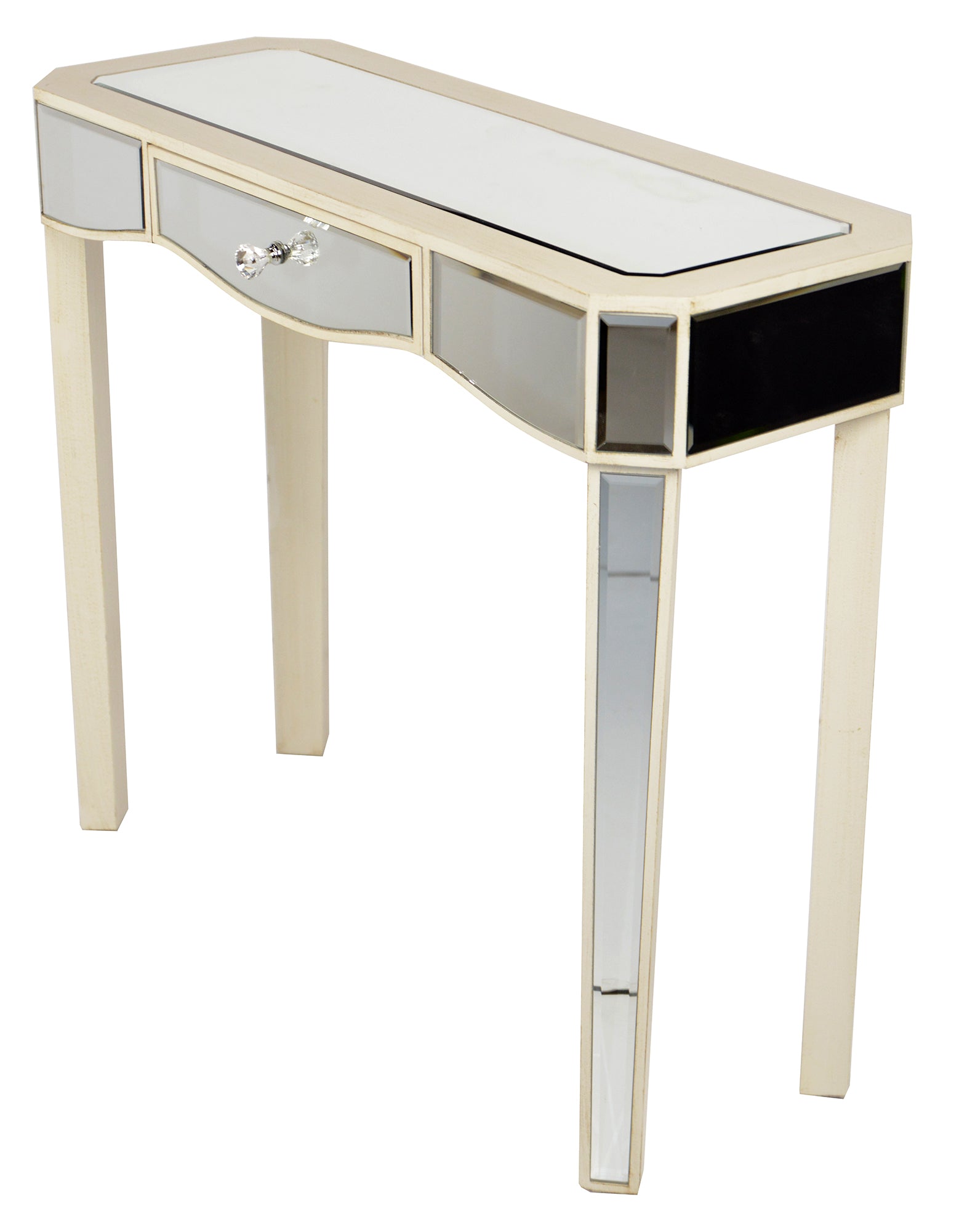 35.5" X 13" X 31" Antique White MDF Wood Mirrored Glass Console Table with a Mirrored Glass Top and a Drawer