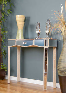 35.5" X 13" X 31" White Washed MDF Wood Mirrored Glass Console Table with a Mirrored Glass Top and a Drawer