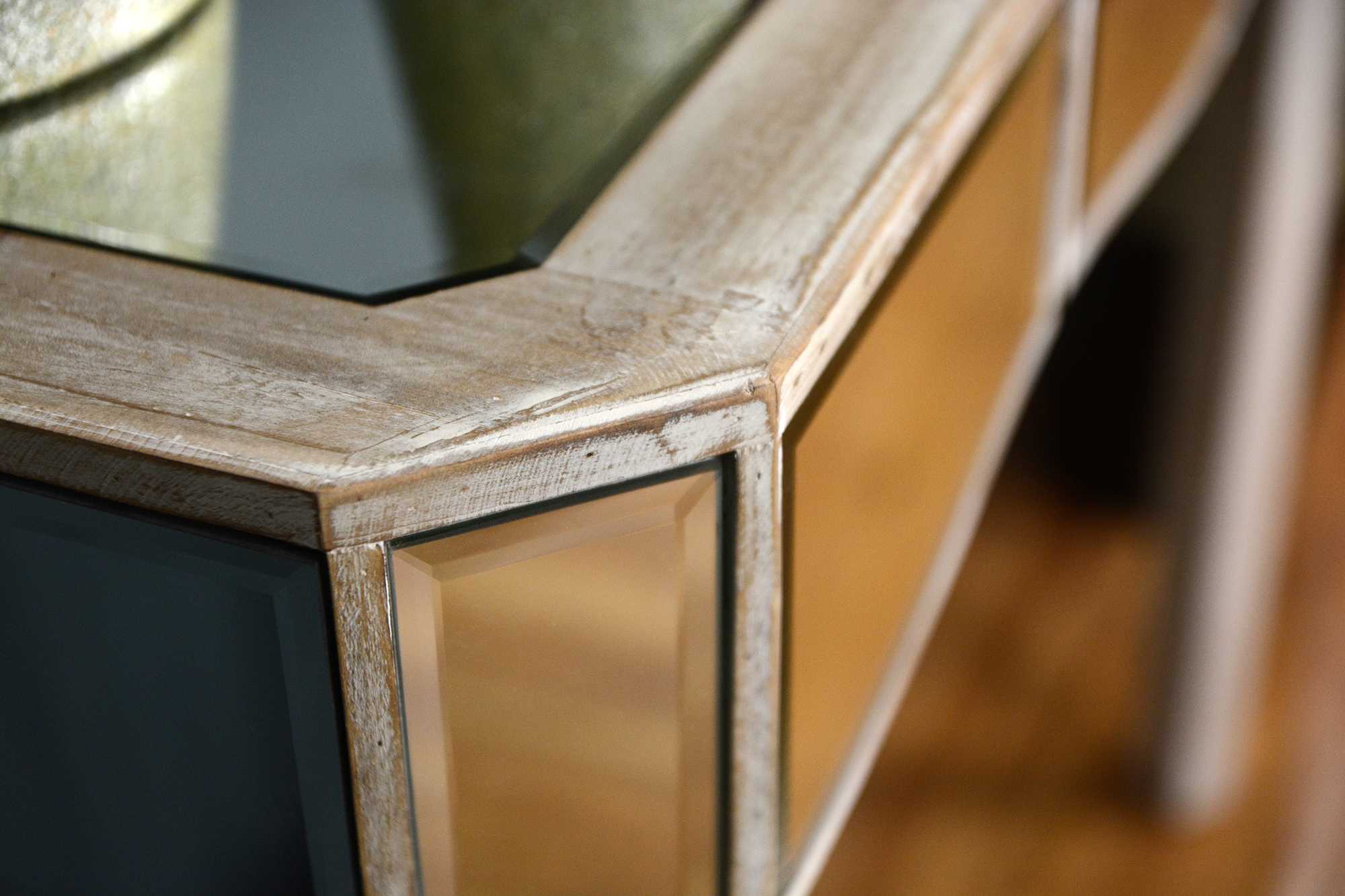 35.5" X 13" X 31" White Washed MDF Wood Mirrored Glass Console Table with a Mirrored Glass Top and a Drawer