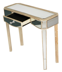 35.5" X 13" X 31" White Washed MDF Wood Mirrored Glass Console Table with a Mirrored Glass Top and a Drawer