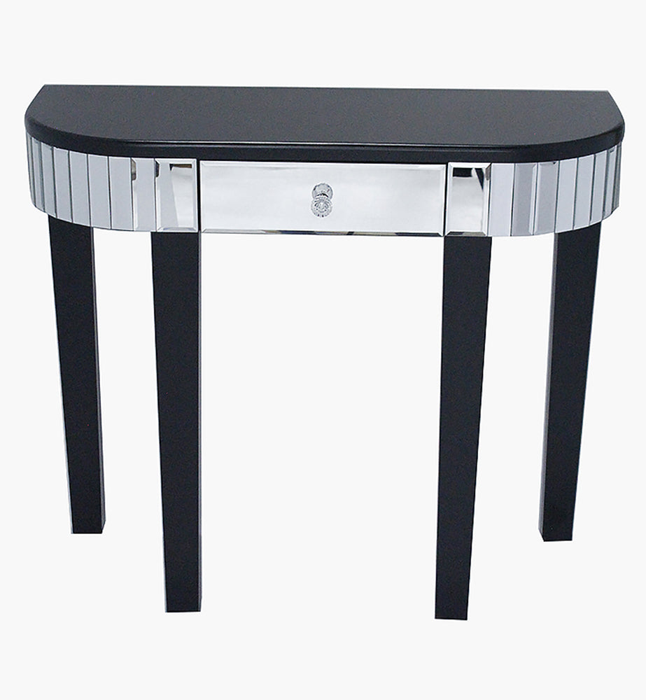 35.5" X 13" X 31" Black MDF Wood Mirrored Glass Console Table with a Mirrored Glass Top and a Drawer