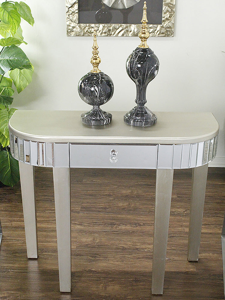35.5" X 13" X 31" Champagne MDF Wood Mirrored Glass Console Table with a Mirrored Glass Top and a Drawer