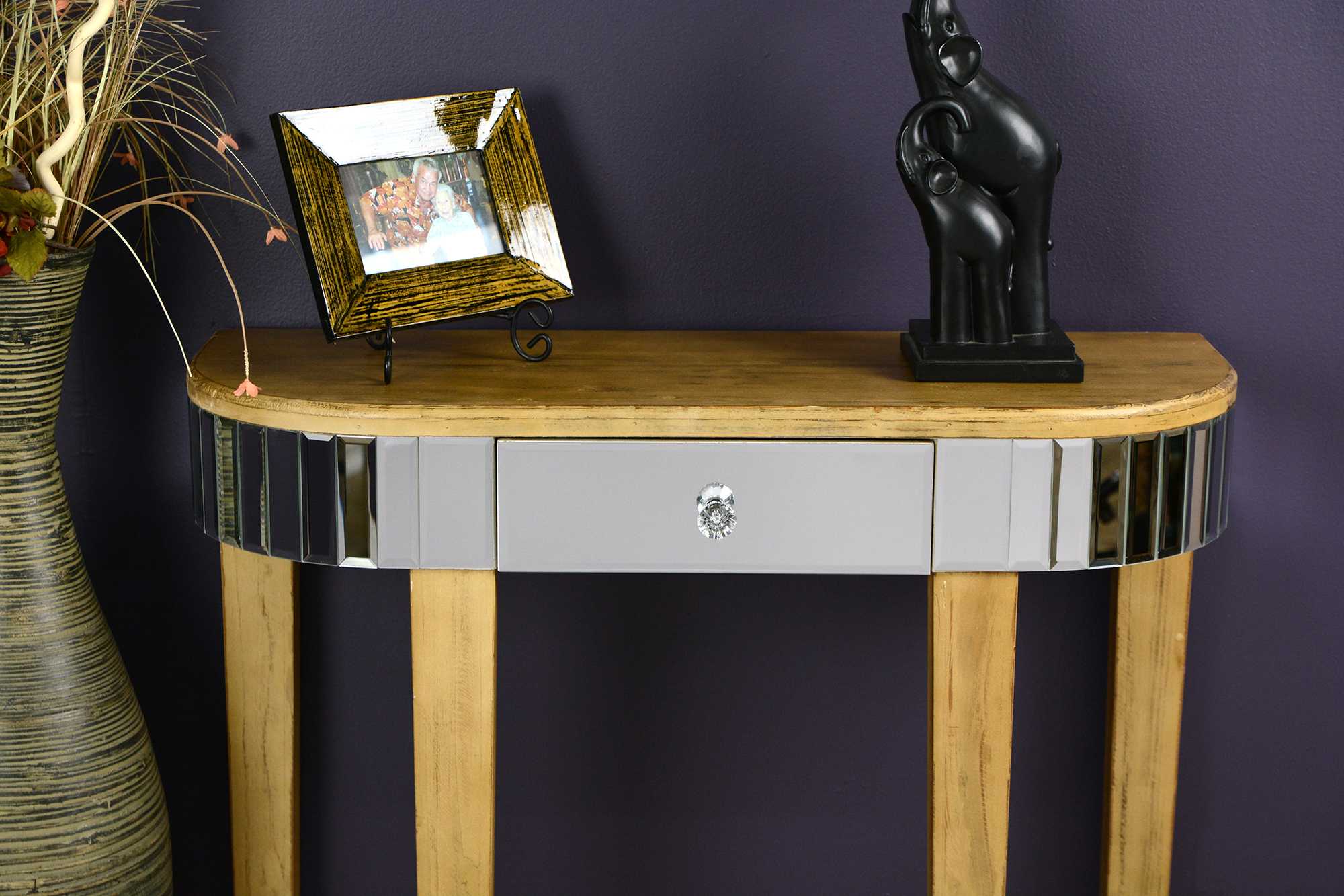 35.5" X 13" X 31" Distressed Brown MDF Wood Mirrored Glass Console Table with a Mirrored Glass Top and a Drawer