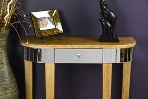 35.5" X 13" X 31" Distressed Brown MDF Wood Mirrored Glass Console Table with a Mirrored Glass Top and a Drawer