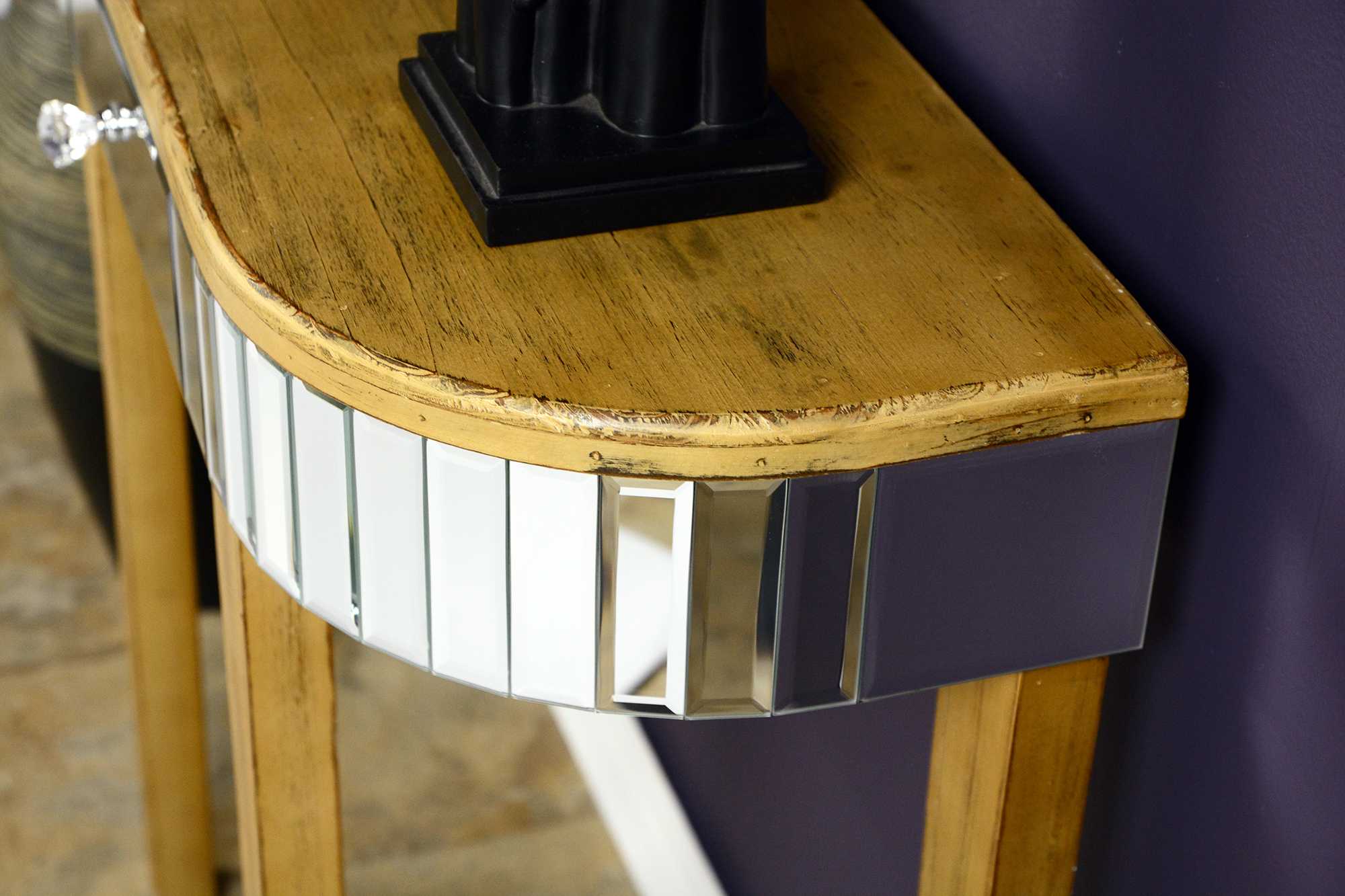 35.5" X 13" X 31" Distressed Brown MDF Wood Mirrored Glass Console Table with a Mirrored Glass Top and a Drawer