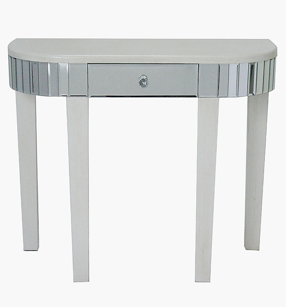 35.5" X 13" X 31" Antique White MDF Wood Mirrored Glass Console Table with a Mirrored Glass Top and a Drawer
