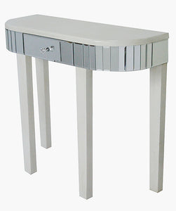 35.5" X 13" X 31" Antique White MDF Wood Mirrored Glass Console Table with a Mirrored Glass Top and a Drawer