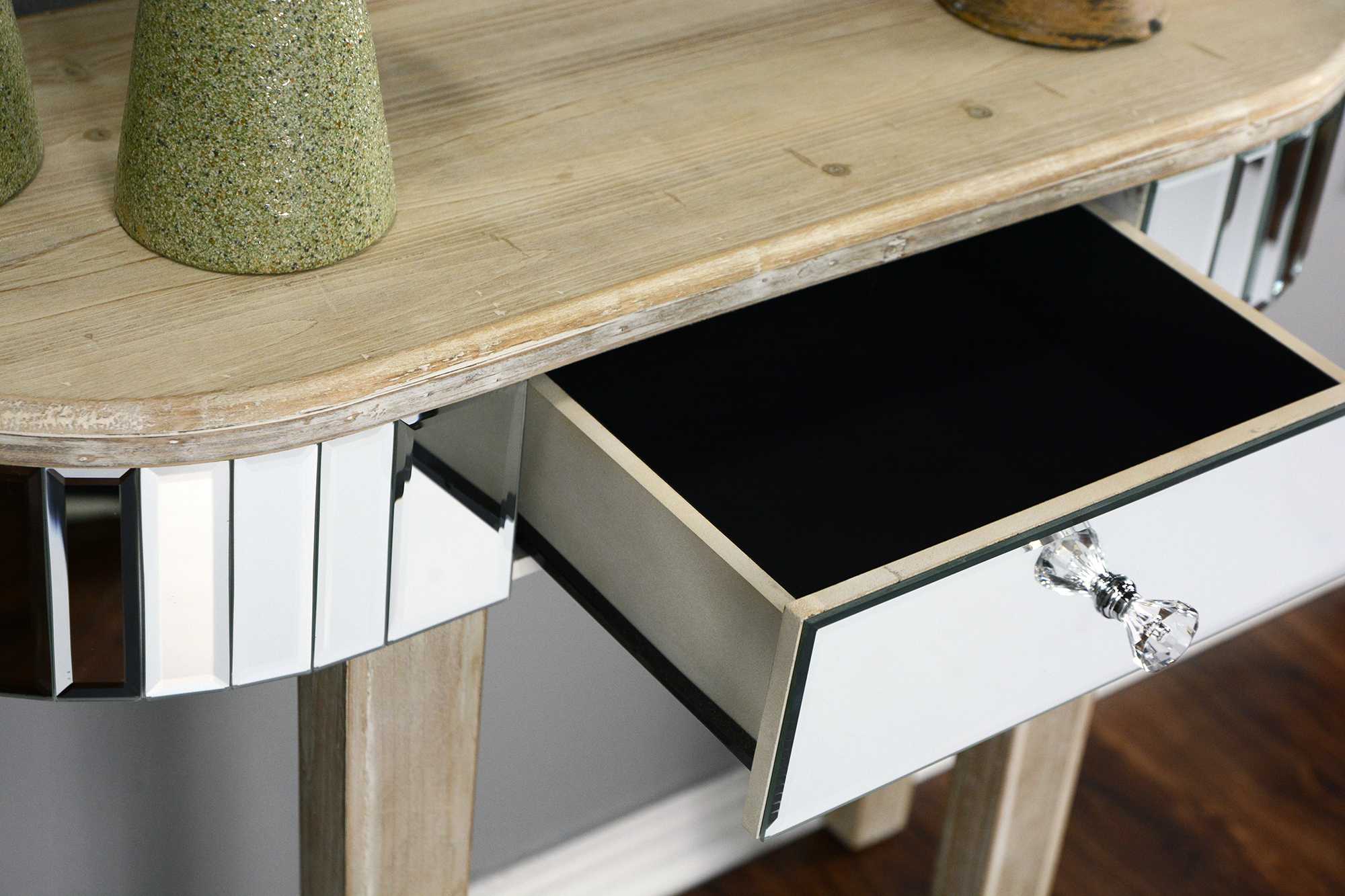 35.5" X 13" X 31" White Washed MDF Wood Mirrored Glass Console Table with a Mirrored Glass Top and a Drawer