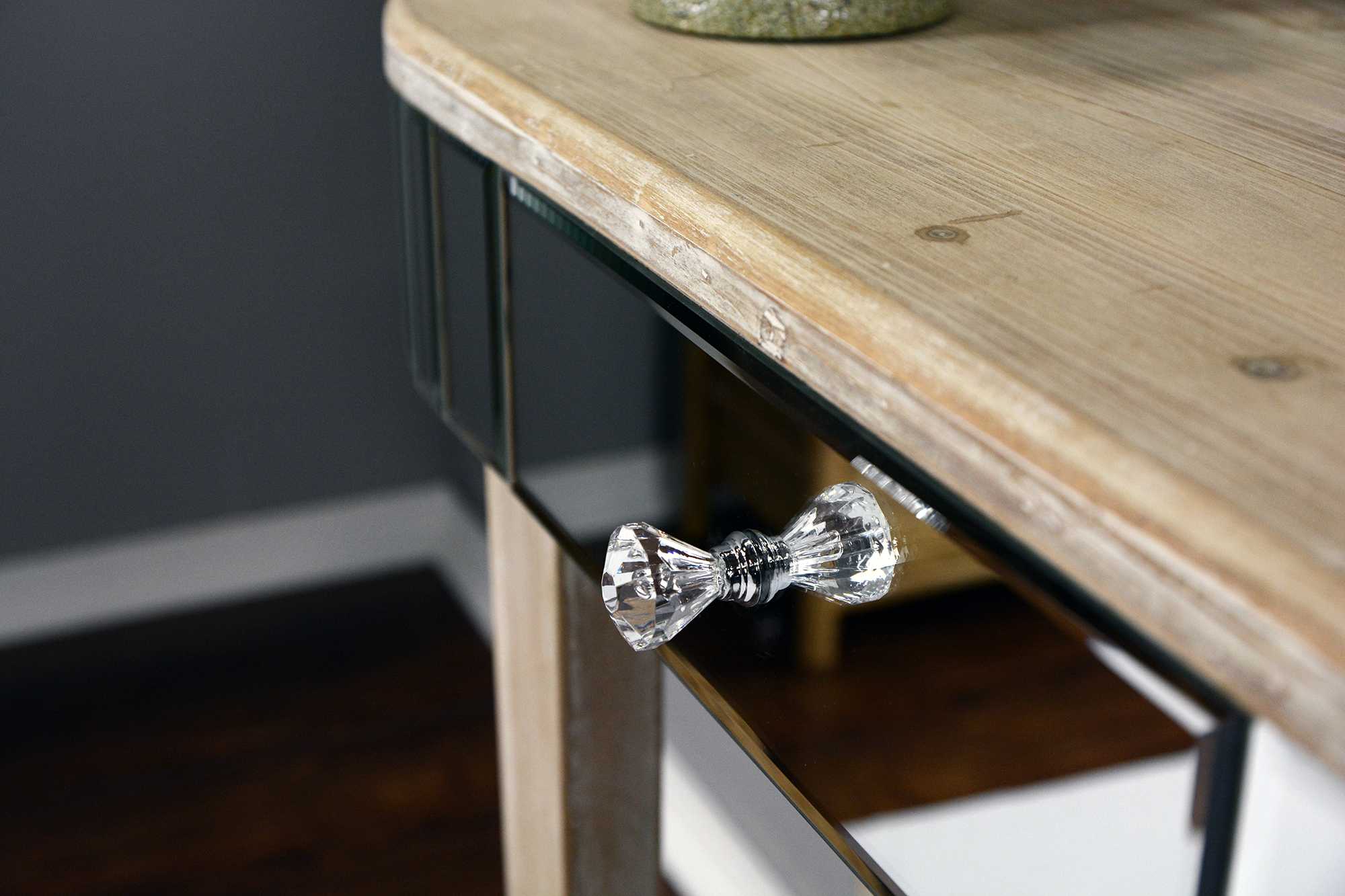 35.5" X 13" X 31" White Washed MDF Wood Mirrored Glass Console Table with a Mirrored Glass Top and a Drawer