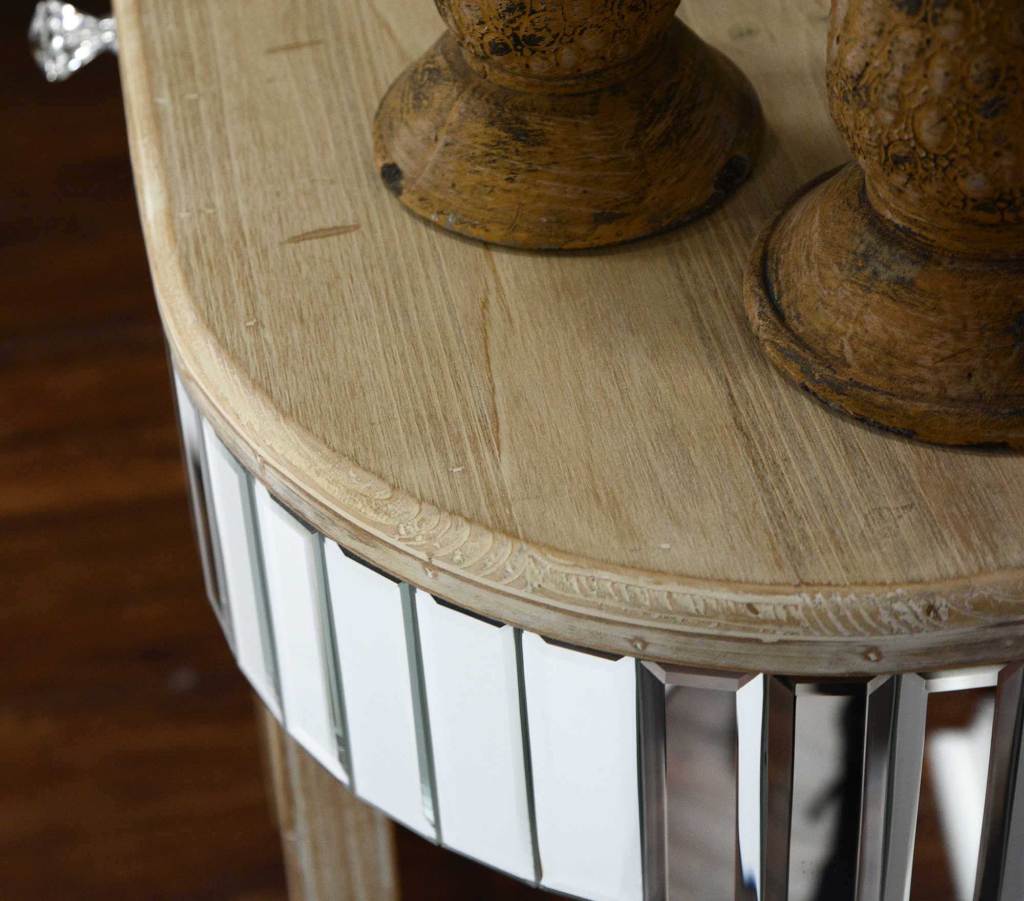 35.5" X 13" X 31" White Washed MDF Wood Mirrored Glass Console Table with a Mirrored Glass Top and a Drawer